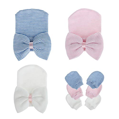 Image of Zando Hospital Newborn Hat Girl with Bow Infant Baby Beanie First Photos | Stretch-cotton knit hats for newborn girls, hospital bags, coming home, nursery, sleep, photos, and baby shower gifts.