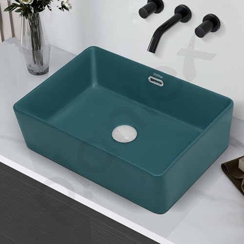 Image of Plantex Ceramic Washbasin for Bathroom /Rectangle Tabletop Wash Basin /Countertop Vessel Sink for Home /Office (Matt Green - 20 x 14 x 6 Inch)