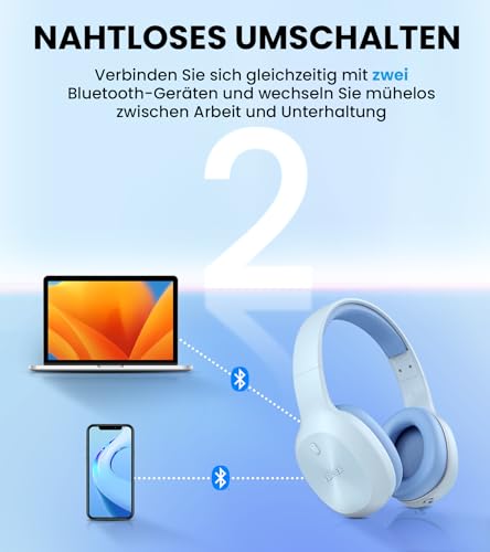 Edifier W600BT Kabellose Over-Ear Kopfhörer, Bluetooth V5.1, Kristallklare Anrufe, 40mm Treiber, 30 Stunden Wiedergabezeit, Verbindung mit 2 Geräten, Integriertes Mikrofon, Leicht - Blau – Bild 6