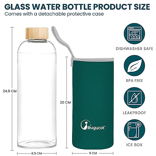 Bugucat Borosilicate Glass Water Bottle 1000ML, Reusable with Protective Sleeves and Leak-Proof Lid - Image 2