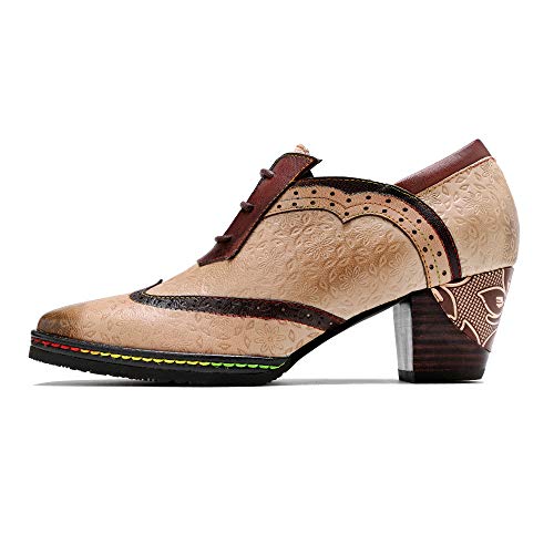 CrazycatZ Leather Pumps,Womens Colorful Vintage Block Heel Oxford Vintage Shoes Pumps4