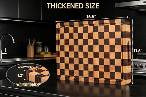 Image of THETCHRY Cutting Boards for Kitchen, Checkered Cutting Board Thickened, Walnut & Rubber Wood Chopping Board with Juice Groove & Handle, Double-sided Butcher Block with Gift Box, 16.5 inch x 11.6 inch x 1.2 inch