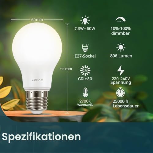 Linkind Dimmbar E27 LED Lampe 7.3W (ersetzt 60W), 2700K Warmweiß 806Lm A60 Edison Birne mit 220°, Dimmbar E27 Leuchtmittel, matt, 6 Stück – Ansicht 2