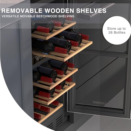 Luztolent Weinkeller für 26 Flaschen, 50,8 cm Kompressor-Weinkühler mit Dual-Zone, eingebaut oder unter der Theke, 5-17,8 °C digitaler Touchscreen, dreilagiges Glas, Edelstahltür, Weinkühlschrank im