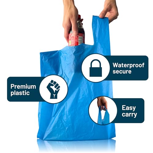 PWgoods 100% Recycled Plastic Carrier Bags, Blue, Large 11 x 17 x 21, Heavy Duty 22mu, 400 Pack, Easy Tie Handles - Image 2