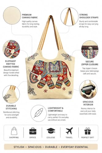 Image of Elephant Print Canvas Tote Bag for Women, Ethnic Shoulder Handbag with Multicolor Elephant Design, Dual Handle Everyday Carry Bag for Shopping, Office, College, Travel & Daily Use