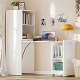 Zevemomo Folding Desk with Storage, Convertible Table with Shelves & Wheels, Craft Cabinet with Fold Out Table, Compact Computer Desk for Small Space, Reversible L Shaped Desk - White
