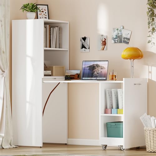 Zevemomo Folding Desk Convertible Table with Shelves & Wheels - White