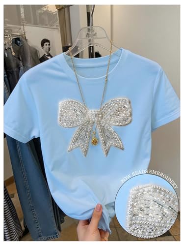 Image of RoseSeek Women's Rhinestone Sequin Bowknot Graphic Tees Short Sleeve Crewneck Summer Tops Going Out T Shirt