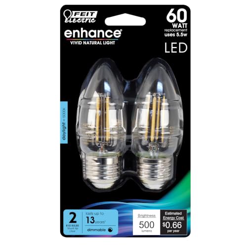 Feit Electric B10 Enhance LED Light Bulb, 60W Eq, Daylight White, 2 Pack