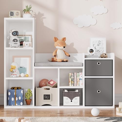 GarveeHome 44 Inch Kids Bookshelf and Toy Storage with Reading Nook & Seat Cushion, Toy Storage Organizer with 6 Cubby and 2 Extra Drawers, Kids Reading Nook for Playroom Kids Room