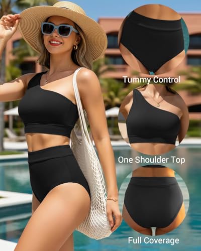 Image of Holipick Women One Shoulder High Waisted Bikini Set Two Piece Tummy Control Swimsuits Full Coverage Bathing Suit