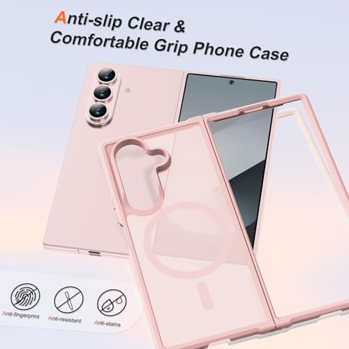 Image of ORETECH Magnetic for Samsung Galaxy Z Fold 7 Case, Translucent Back Non-Slip Hard PC Shockproof Bumper Protective Phone Case Cover for Samsung Z Fold 7 - Light Pink