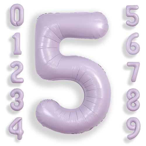 Image of SUWEN 40 Inch Light Purple Large 5 Balloon Number Big Foil Helium Lavender Number Balloons Huge Mylar 0-9 Giant Jumbo Happy 5th Birthday Party Anniversary Decorations