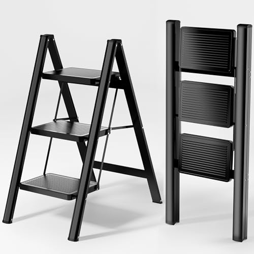 KOLL LINK Step Ladder 3 Step Folding Sturdy 330 Lbs Small Step Stool for Adults Closet Step Stool Ladder with Anti-Slip Wide Pedals Portable Folding Ladder for Home Kitchen Office