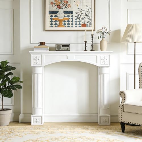 Image of Modern White Freestanding Fireplace Mantel Surround - Waterproof, Anti-Tipping Premium MDF Mantel with Leg for Electric Fireplace, Living Room Decor