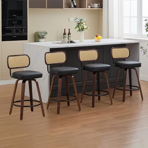 Image of Swivel Counter Height Bar Stools Set of 4, 26 inch Bar Chairs with Curved Rattan Back, Upholstered PU Leather, Walnut Craftsmanship, Mid Century Modern Counter Stools for Kitchen Counter, Black