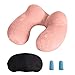 Almohada Inflable del Viaje, LUZWAY Cojín Inflable del Cuello de Viaje, Hecho de Terciopelo Suave y Funda Lavable con Tapones para los Oídos , Máscara de los Ojos y Bolsa de Transporte [Rosa]