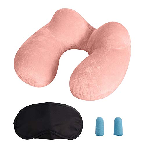 Almohada Inflable del Viaje, LUZWAY Cojín Inflable del Cuello de Viaje, Hecho de Terciopelo Suave y Funda Lavable con Tapones para los Oídos, Máscara de los Ojos y Bolsa de Transporte [Rosa]