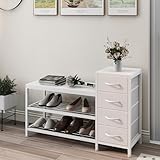 EXOTICA 3-Tier Shoe Storage Bench White Entryway Shoe Rack with 4 Drawers and Seating Shoe Shelf Storage Cabinet for Hallway Front Door Doorway Living Room Mudroom Steel Frame