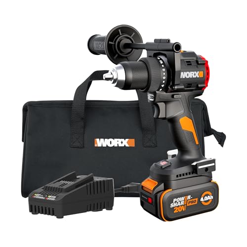 WORX Cordless Drill Driver, 20V 930 in·lbs Brushless Power Drill Driver, Powerful and Faster Drilling and Driving, Compact 6.3" length, 20V 4.0 Ah Battery and Charger Included, PowerShare