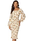Allegra K Women's Floral Mermaid Dresses Square Neck Ruffle Puff Sleeve Smocked Bodycon Dress Small Beige