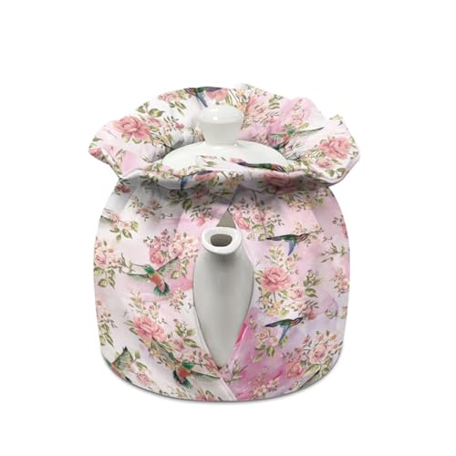 Image of Hummingbird Pink Rose Tea Pot Cozies, Machine Washable Fabric Kitchen Teapot Dust Cover Breakfast Warmer Insulation and Keep Warm, Home Christmas Decor