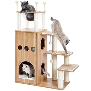 Made4Pets Modern Cat Tree for Large Cat, Wood Cat Tower Heavy Duty with Scratch Post for Indoor Big Cats, 51″ Extra Tall Cat Condo Sturdy Frisco Castle with Clear Bowl for Kittens Maine Coon 20Lbs