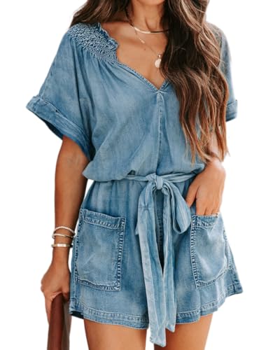 DEPENSL Womens Ruffle Denim Romper Summer Short Sleeve...