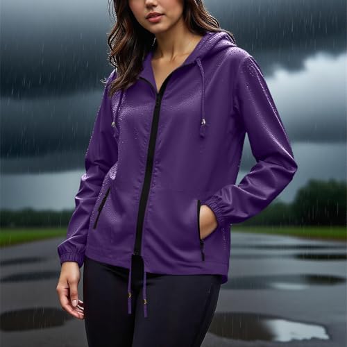 Anjikang Rain Jacket Women Lightweight Zip Up Hooded Waterpoof Windbreaker Packable Hiking Travel Lined Raincoat with Pockets4