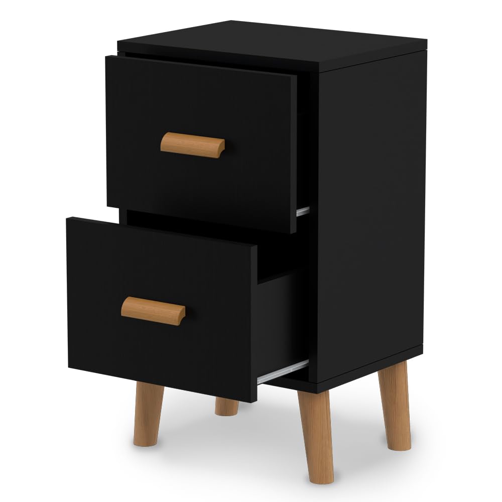 Mahmayi Modern Multifunctional D Nightstand Wooden Side Table Storage Unit with One/Two drawer Home Living Room Bedroom Furniture (Black Dual Drawer)
