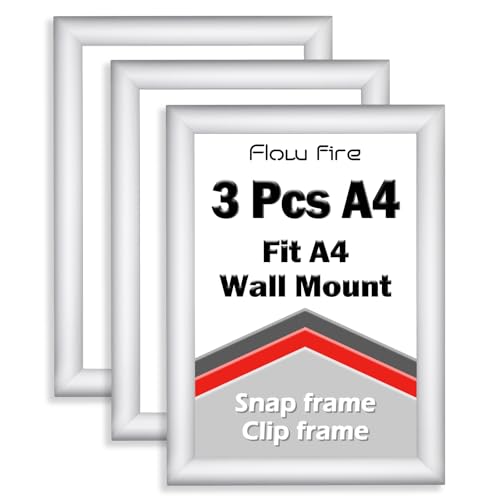 Flow fire A4 Silver Snap Frame, Wall Mount A4 Size Clip Frames Pack of 3, 25mm Aluminium Front Opening Snap Frame for Poster Picture and Certificate