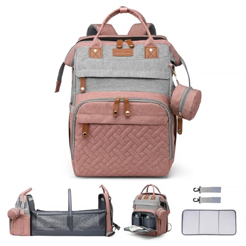 Image of Baby Diaper Bags with Changing Station Multifunctional Waterproof Diaper Bag Backpack Travel Baby Bag with Changing Pad, Pacifier Case,Baby Essentials(PinkGrey)