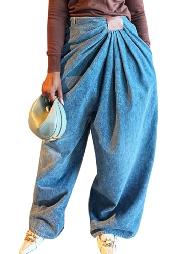 Womens Wide Leg Baggy Jeans Mid Waist Pleated Harem Denim Pants Plus Size Loose Barrel Casual Trousers