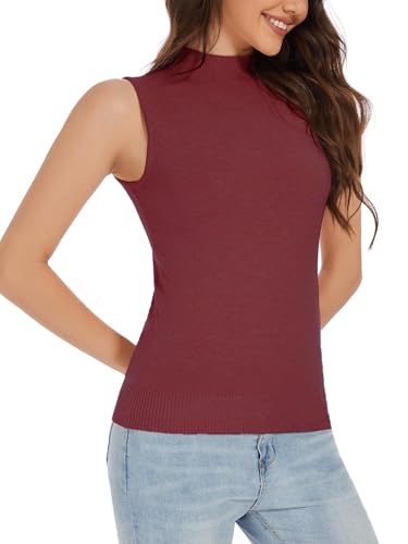 Image of Sleeveless Mock Neck Knit Tops for Women Slim Fit Turtleneck Sweater Vest Business Work Tank Pullover