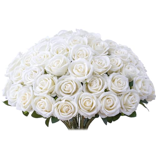 30 PCS Fake White Roses, Artificial White Flowers Bulk Realistic