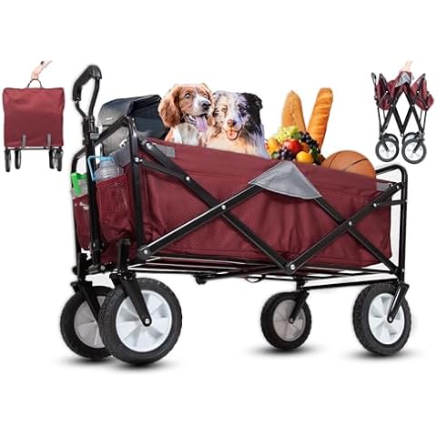 MacSports Collapsible Wagon with Wheels Beach Wagon Carts Foldable Heavy Duty, Foldable Beach Cart, Utility Cart on Wheels, Foldable Wagon (Wine/Gray) Cover