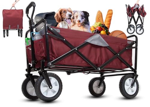 MacSports Collapsible Heavy Duty Beach Cart, Foldable Utility Cart with Wheels, Wagon (Wine/Gray)