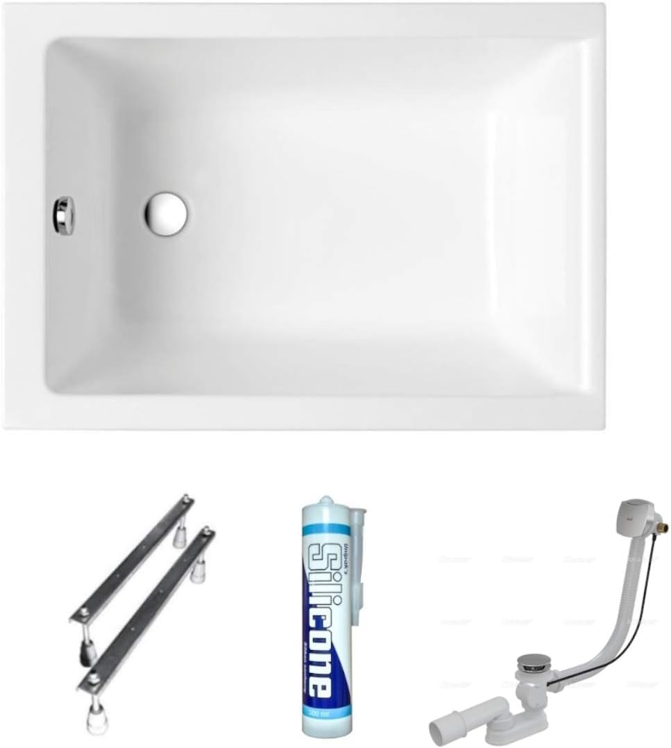 ECOLAM Petite baignoire rectangulaire acrylique Capri Polimat 100x70 cm + siphon automatique pieds et silicone | petite baignoire