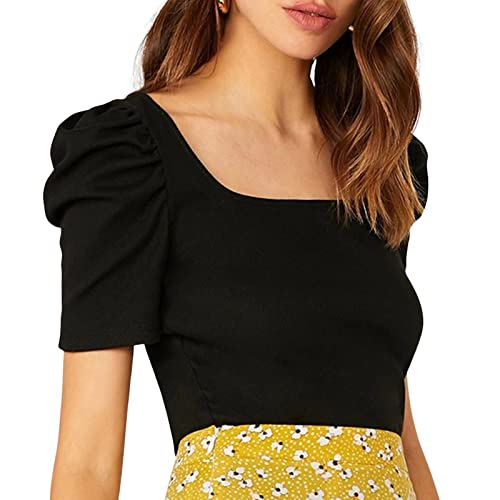 DUJUN Haut à manches courtes bouffantes pour femme | Haut en maille côtelée à encolure dégagée | Haut court élégant et confortable à porter Cover