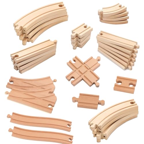 33pcs Holzeisenbahn Schienen | Mit S-Schiene, Kreuzung, Weichen | Kompatibel mit Eisenbahn Marken | holzschienen Eisenbahn für 3+ Kinder(33PCS)