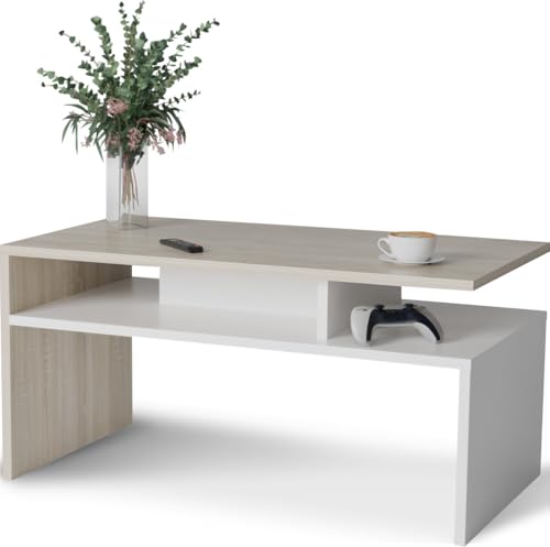 MeblePitus Couchtisch ST-4 Weiß/Sonoma – Moderner rechteckiger Wohnzimmertisch 90×50×45 cm im skandinavischen Stil – Sofatisch mit Ablagefach, robust & pflegeleicht