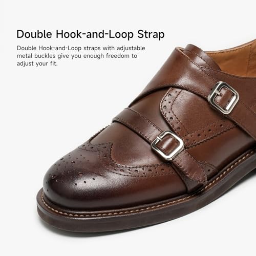 Image of BEAU TODAY Women's Leather Loafers, Wingtip Brogue Monk Strap Shoes | Genuine Leather, Round Toe, Low Heel, Metal Buckle, Non-Slip, Comfortable Business Casual Flats for Work and School