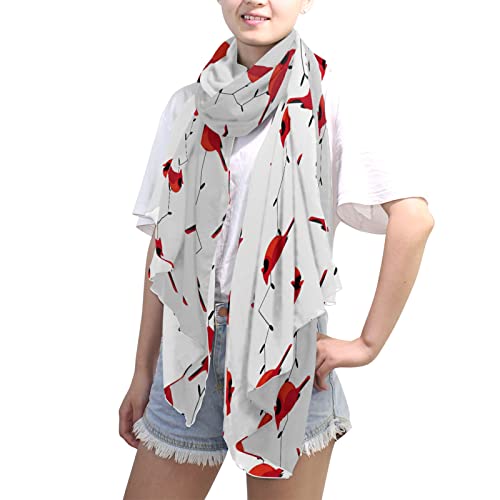 Seamless Branches With Red Cardinal Birds And Lamps Lights On White Women Long Silk Scarf, Shawl Chiffon Large Stole Headscarf, Lightweight Sunscreen Satin Scarves Wraps For Wedding Party Gift #TOP2