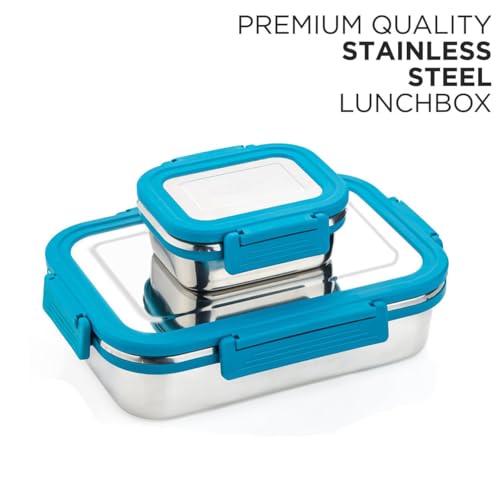 Image of Premium Stainless Steel Lunch Box, Combo, 700ml + 200ml, Leakage Proof /Airtight Containers Lunch Box for Office Use, Bento Lunch Box for Men /Women, 4 Side Clip Lock Lid - Blue /Pink