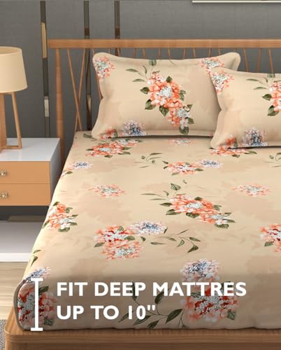 Image of Fresh From Loom Hypoallergenic Floral Print King Size Bedsheet with 2 Pillow Covers - Microfiber, 240 TC (90 x 95 inch| Beige, Floral Design)