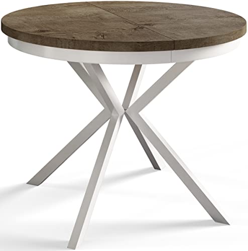 AlpiMeble Lefkas Mesa Redonda de 90 x 170 cm Montaña,Mesa Plegable,Mesa de Cocina,Mesa de Comedor,Mesa de Comedor,Mesa de salón,Mesa de Interior,Mesa Moderna,Patas metálicas Blancas,Extensible,Lefkas