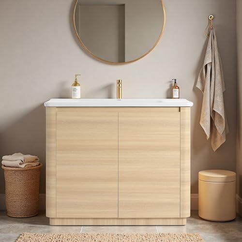 Image of 40 inch Bathroom Vanity with Ceramic Sink, Freestanding Bathroom Vanity with 2-Soft-Close Door, Soft-Closing Hinges & Hidden Handles for Home, Farmhouse, Easy to Clean Design, White Oak