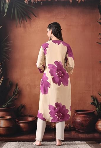 Image of Ichaa Women's Pure Cotton A-Line Ethnic V-Neck Kurta with 3 /4th Sleeve for Daily and Office Wear, in Plus Sizes