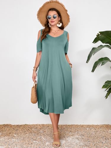 Image of LARACE Plus Size Women Dress for Summer, Midi Women's Sundress, Casual V-Neck Short Sleeve Flowy T-Shirt Dresses with Pockets